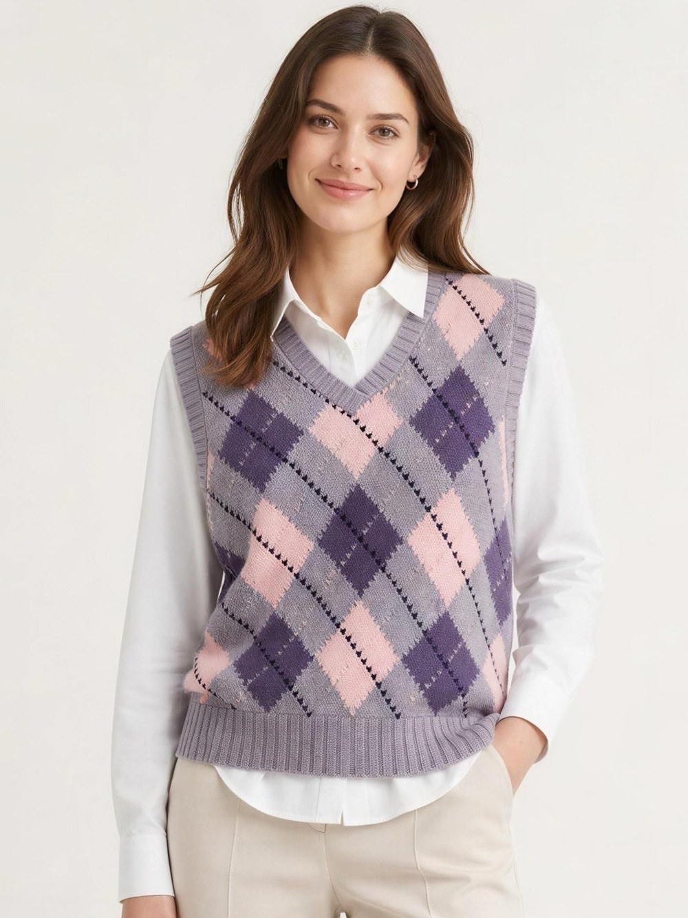 Vintage Wool Argyle Knit V-Neck Sweater Vest - Pink & Purple
